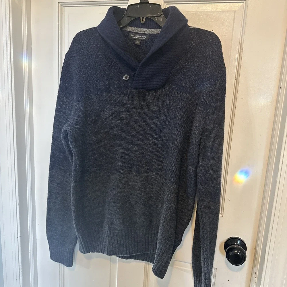 Banana Republic Italian Yarn Merino Wool Shawl Collar Sweater Navy Heather Sz Lg